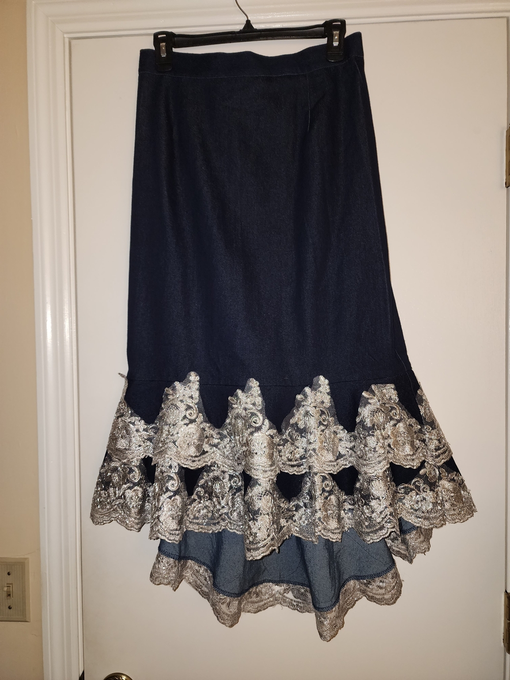 Navy Lace-Trim Midi Skirt